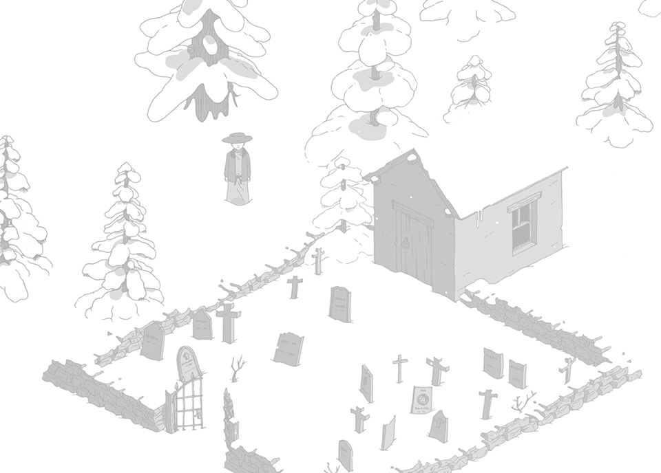Capture d'écran du jeu "Un Village dans la Montagne" représentant un cimetière.