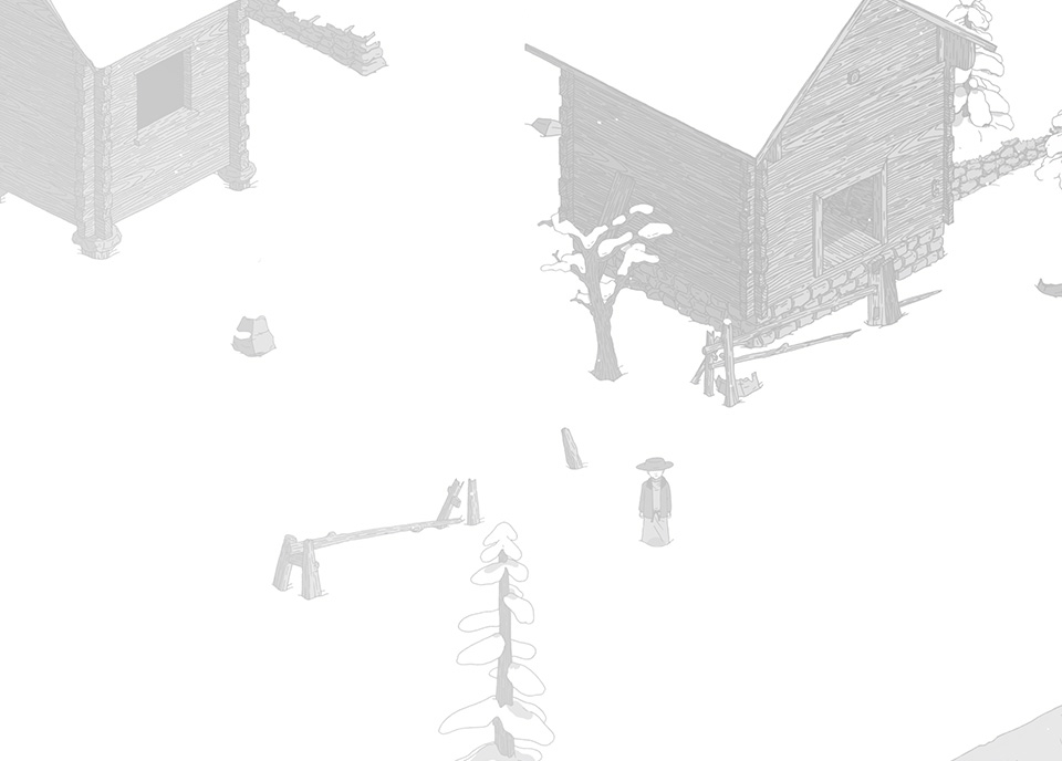 Capture d'écran du jeu "Un Village dans la Montagne" représentant des mazots.