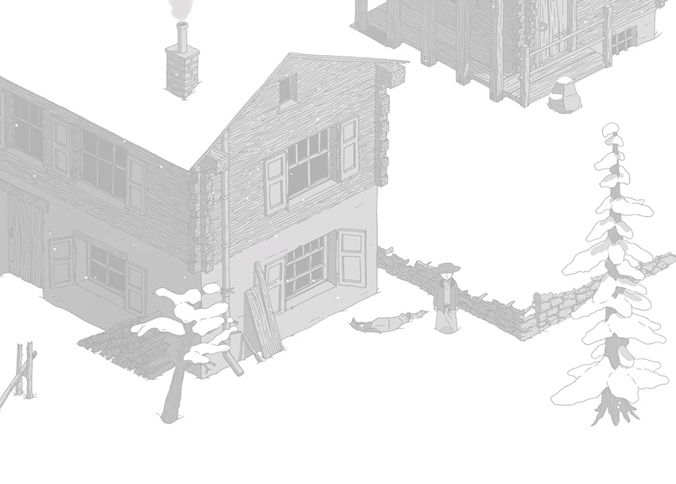 Capture d'écran du jeu "Un Village dans la Montagne" représentant plusieurs châlets.